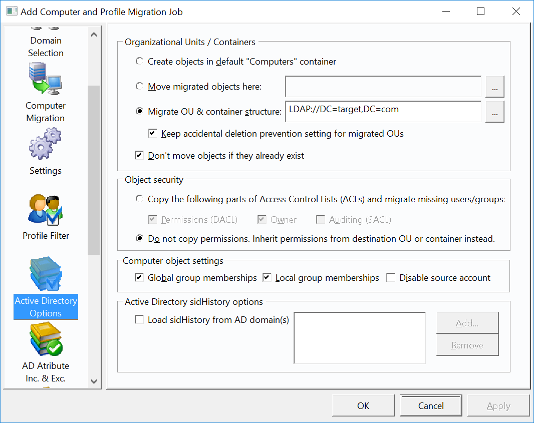 Active Directory options.